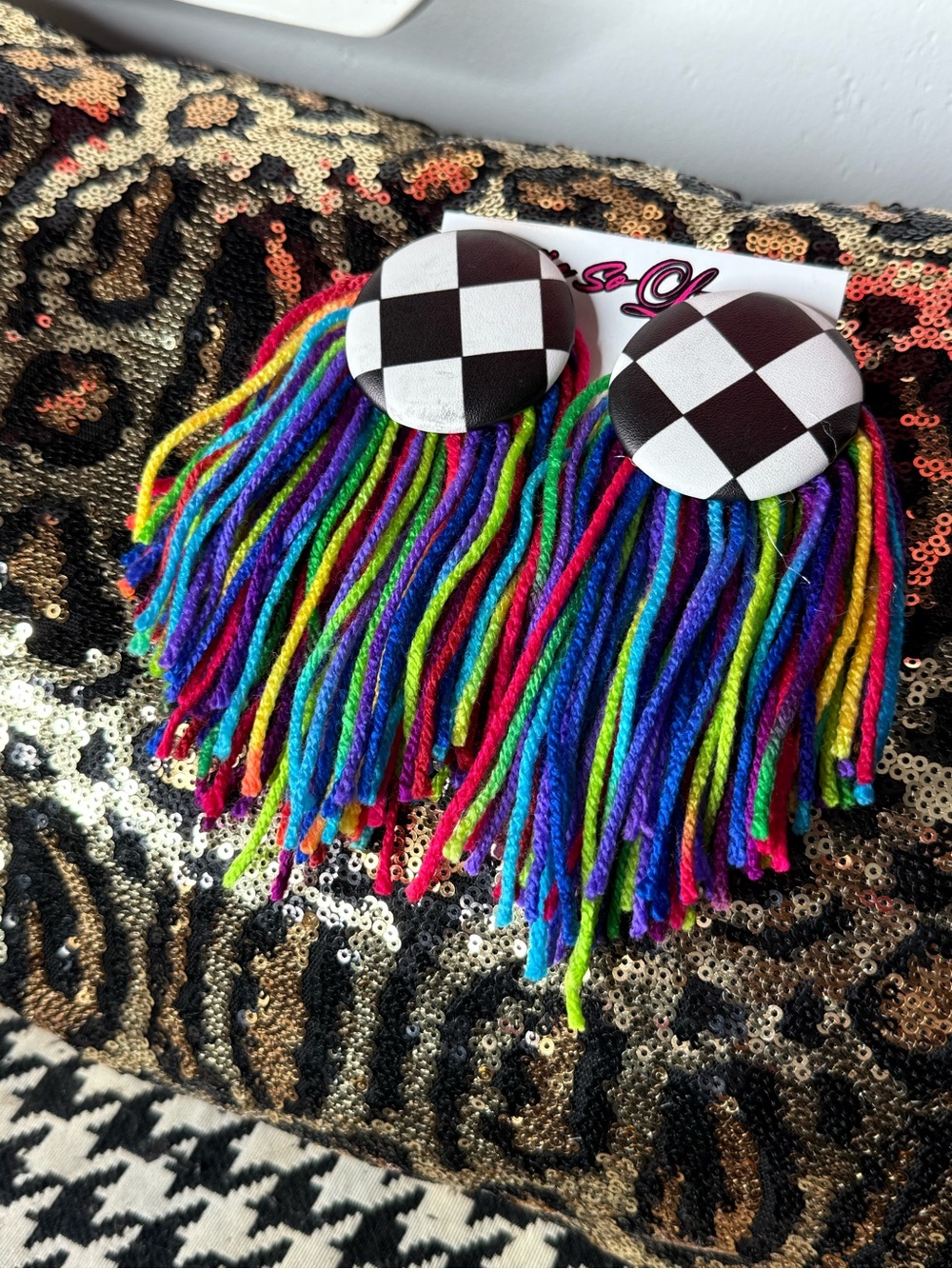 Handmade Rainbow Fringe Earrings with Black & White Checker Studs